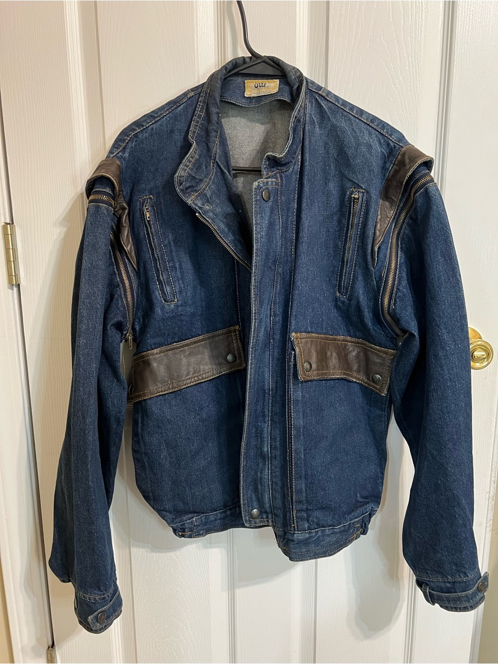 Vintage Unisex Denim And Leather  Convertible Vest Bomber Coat Oui Size L